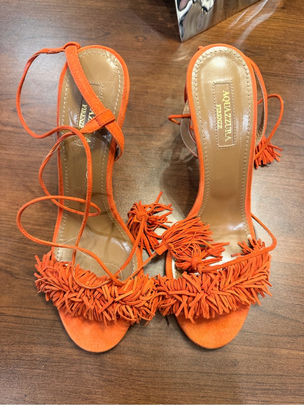 Aquazzura Orange Suede Fringe Lace-Up Sandals